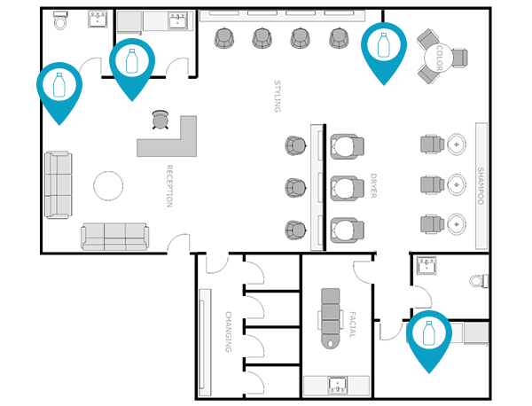 salon and spa floor plan indicating inventory locations