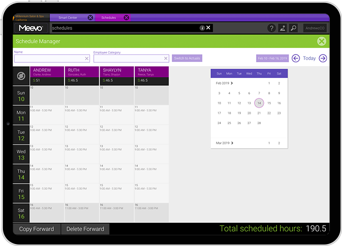 Meevo 2 Scheduling Manager in a tablet
